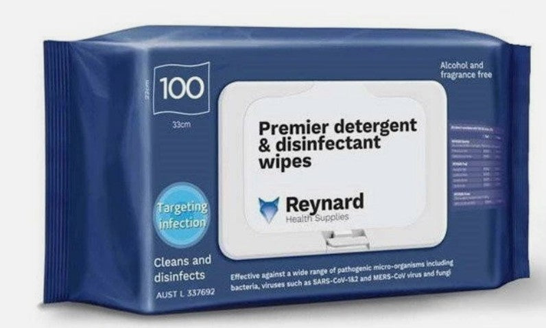 Reynard Premier Detergent & Disinfectant Wipes Soft Pack 33 x 22cm - Ctn of 6 x 100 Wipes