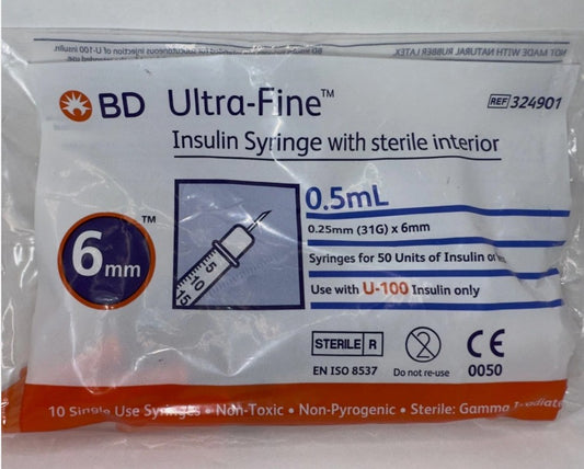 BD Ultra-Fine Insulin Syringes 0.5mL 31G 6mm x 10pcs