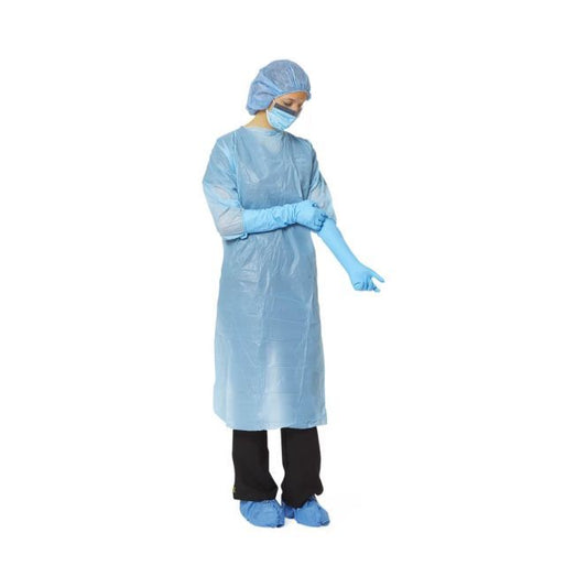 Medline Thumbs Up Polyethylene Thumploop Gowns, Fluid Impervious Blue