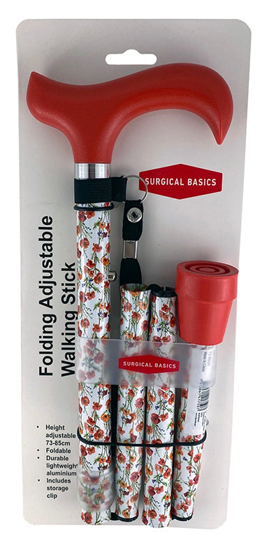 Walking Stick Poppy Folding Adjustable 73-85cm With Strap