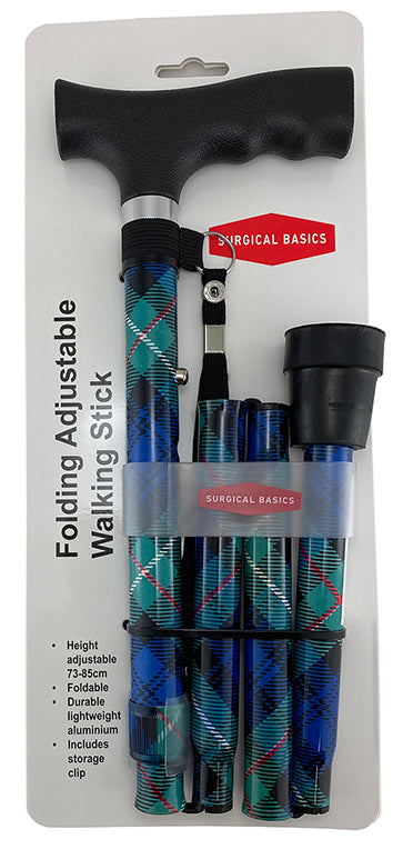 Folding Adjustable Walking Stick 73-85cm Blue/green Tartan With Strap