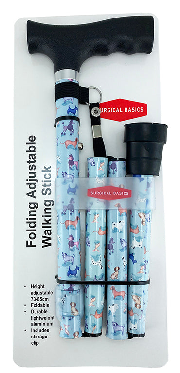 Folding Adjustable Walking Stick 73-85cm Black Pooch Design With Strap